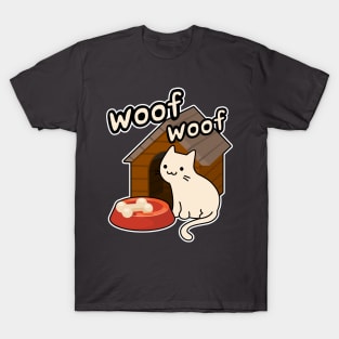 Woof Woof Cat Barking at a bone Funny Contradiction Cartoon T-Shirt